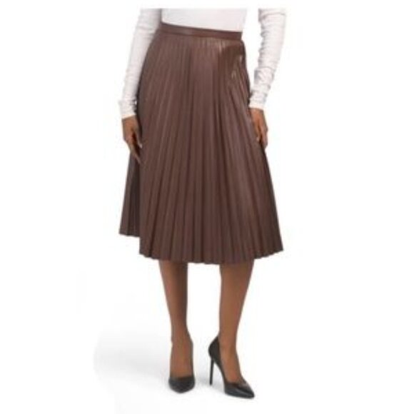Bagatelle Collection Mocha Brown Faux Vegan Leather Pleated Midi Skirt - Picture 1 of 5